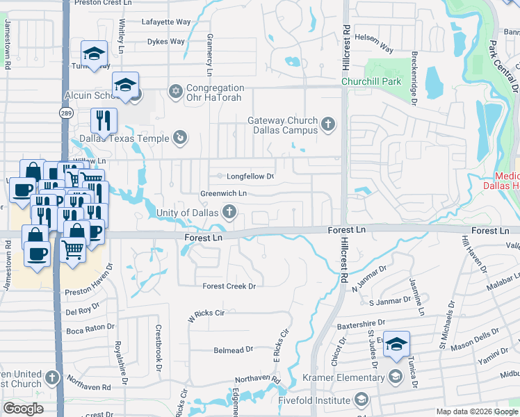 map of restaurants, bars, coffee shops, grocery stores, and more near 6610 Greenwich Lane in Dallas