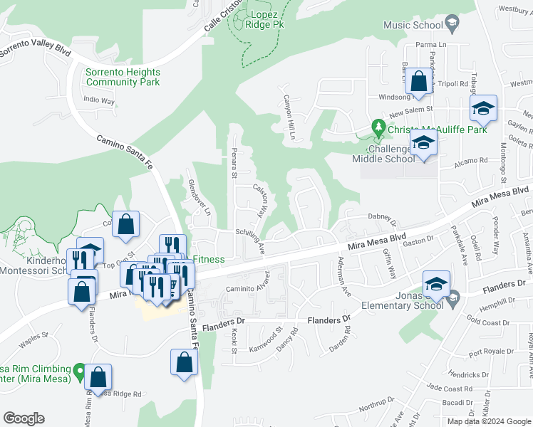 map of restaurants, bars, coffee shops, grocery stores, and more near 10651 Calston Way in San Diego