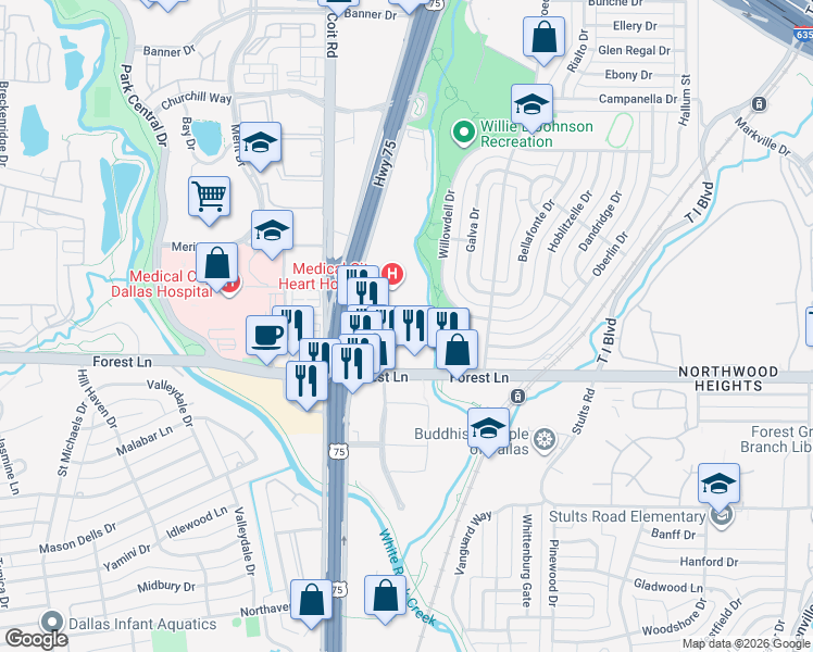 map of restaurants, bars, coffee shops, grocery stores, and more near 11970 North Central Expressway in Dallas