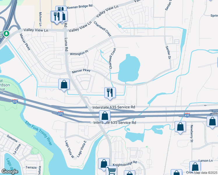 map of restaurants, bars, coffee shops, grocery stores, and more near 11900 Luna Road in Farmers Branch