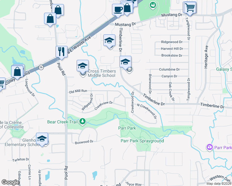 map of restaurants, bars, coffee shops, grocery stores, and more near 3011 Old Mill Run in Grapevine