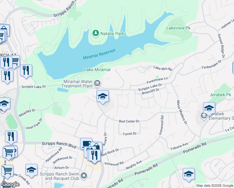 map of restaurants, bars, coffee shops, grocery stores, and more near 10437 Ridgewater Lane in San Diego