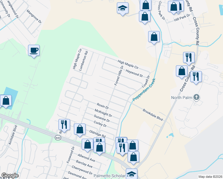 map of restaurants, bars, coffee shops, grocery stores, and more near 7712 Fayetteville Road in North Charleston