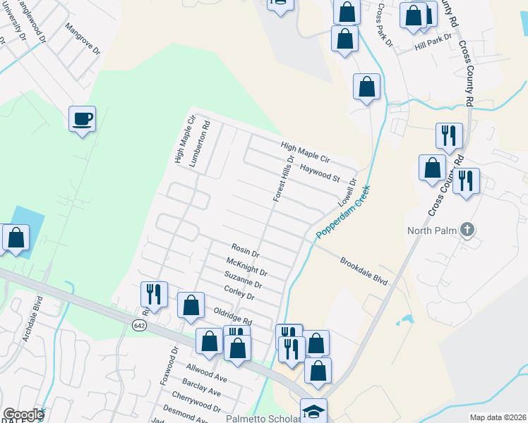 map of restaurants, bars, coffee shops, grocery stores, and more near 7712 Fayetteville Road in North Charleston