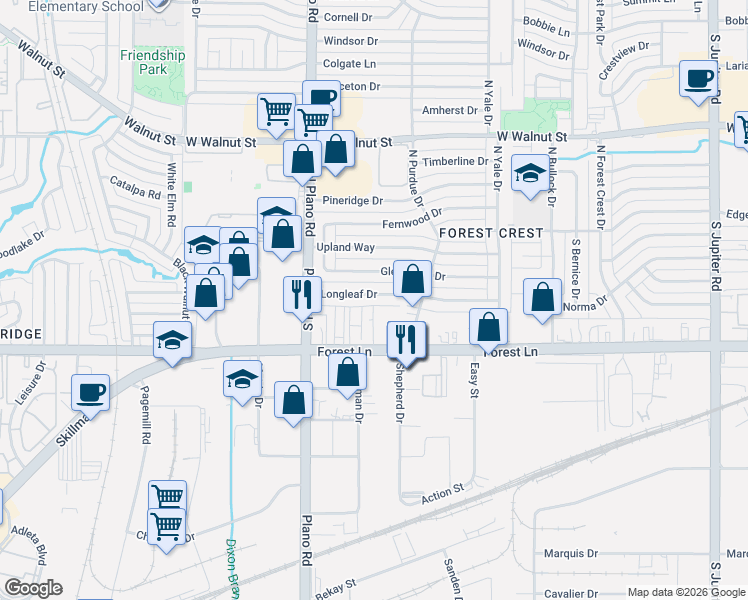 map of restaurants, bars, coffee shops, grocery stores, and more near 4301 Longleaf Drive in Garland