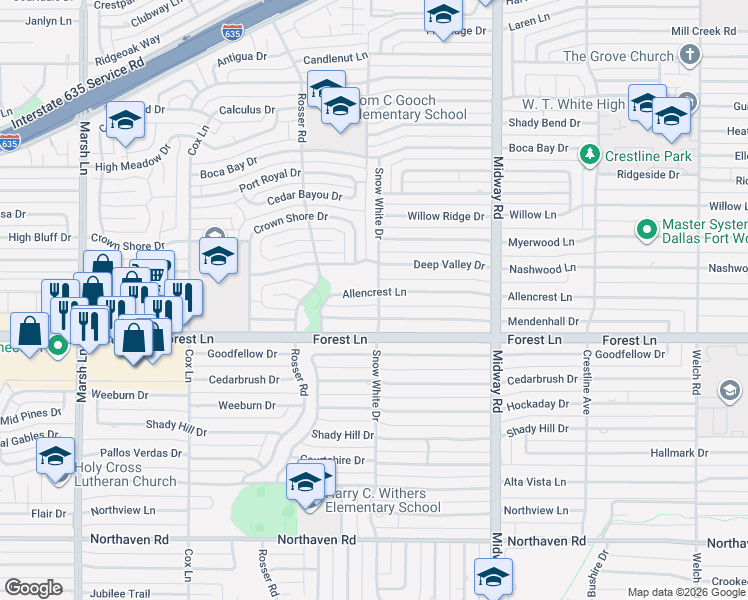 map of restaurants, bars, coffee shops, grocery stores, and more near 4109 Allencrest Lane in Dallas
