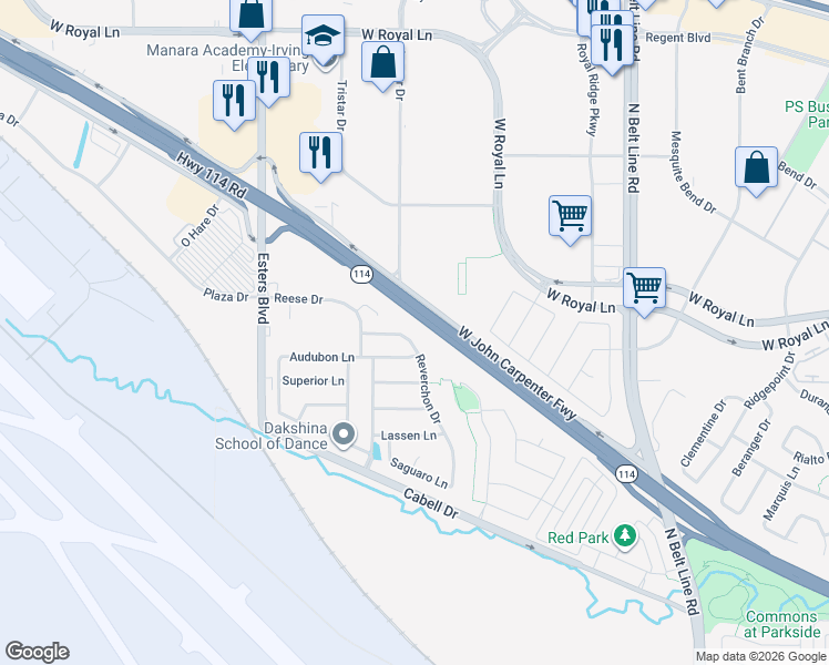 map of restaurants, bars, coffee shops, grocery stores, and more near 21 Reverchon Drive in Irving
