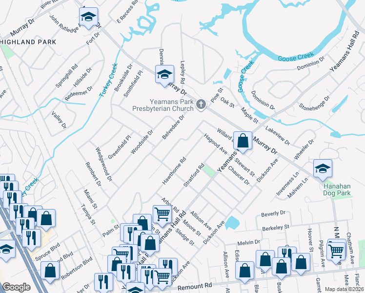 map of restaurants, bars, coffee shops, grocery stores, and more near 5941 Willard Drive in Hanahan