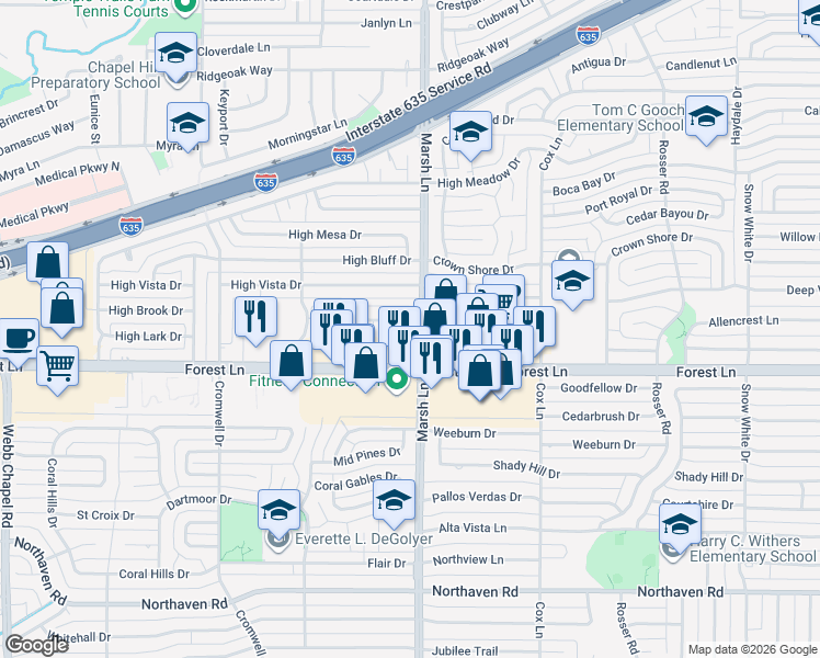 map of restaurants, bars, coffee shops, grocery stores, and more near 3626 Villaverde Avenue in Dallas