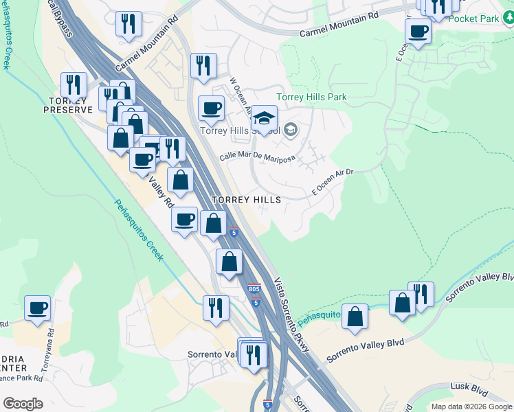 map of restaurants, bars, coffee shops, grocery stores, and more near 10500 Sea Pearl Cove in San Diego