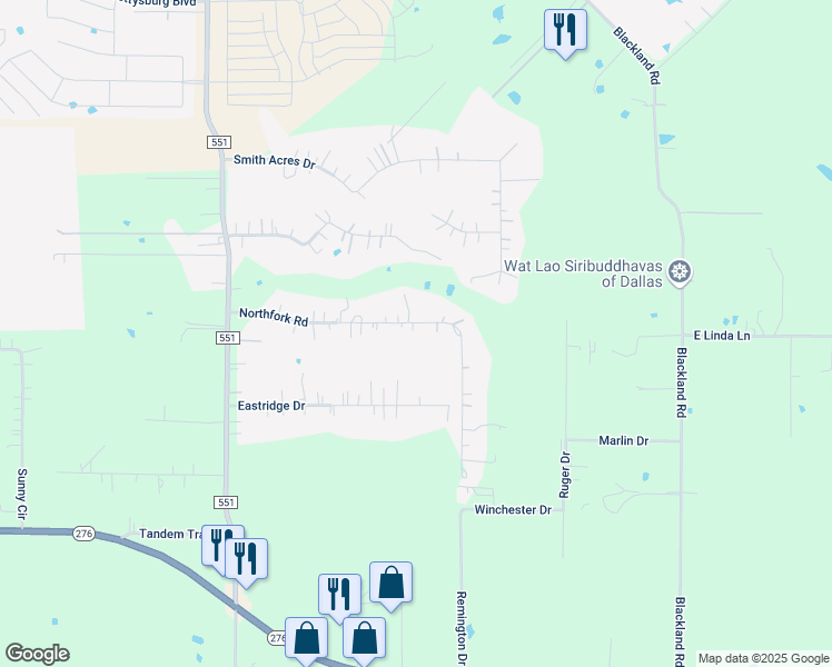 map of restaurants, bars, coffee shops, grocery stores, and more near 1333 Northfork Road in Royse City