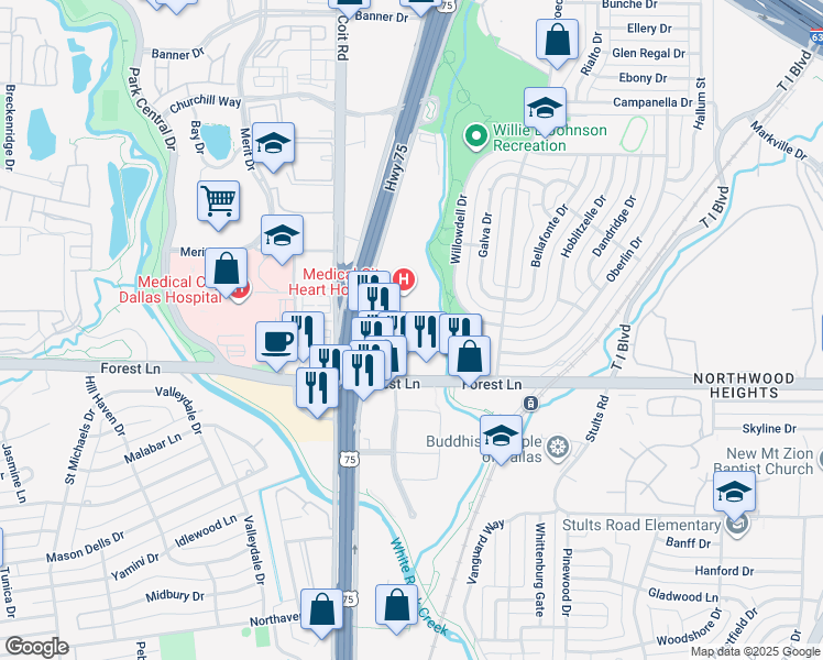 map of restaurants, bars, coffee shops, grocery stores, and more near 8025 Forest Lane in Dallas