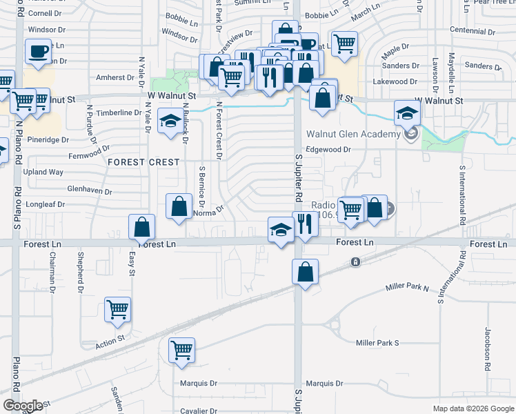 map of restaurants, bars, coffee shops, grocery stores, and more near 3614 Russwin Drive in Garland