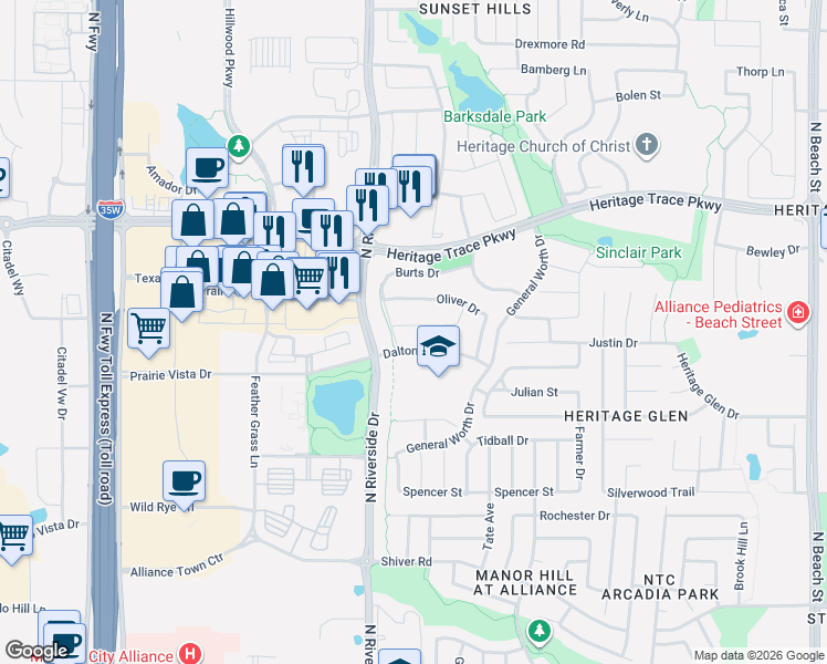 map of restaurants, bars, coffee shops, grocery stores, and more near 3521 Horace Avenue in Fort Worth