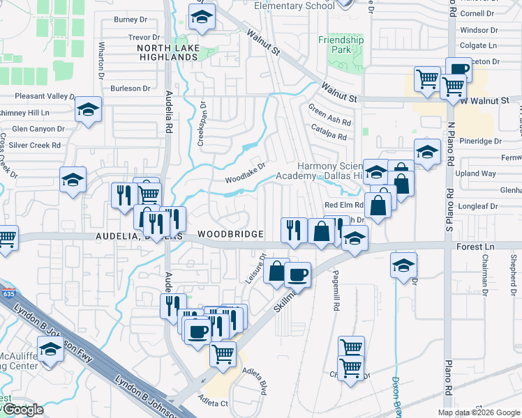 map of restaurants, bars, coffee shops, grocery stores, and more near 10126 Bridgegate Court in Dallas