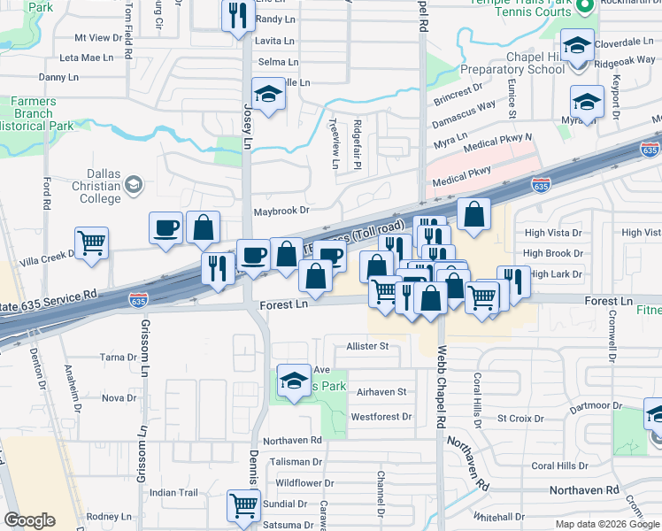 map of restaurants, bars, coffee shops, grocery stores, and more near 3010 Lyndon B Johnson Freeway in Dallas