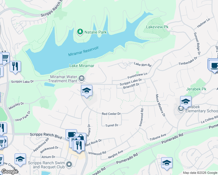 map of restaurants, bars, coffee shops, grocery stores, and more near 10510 Arbor Park Place in San Diego