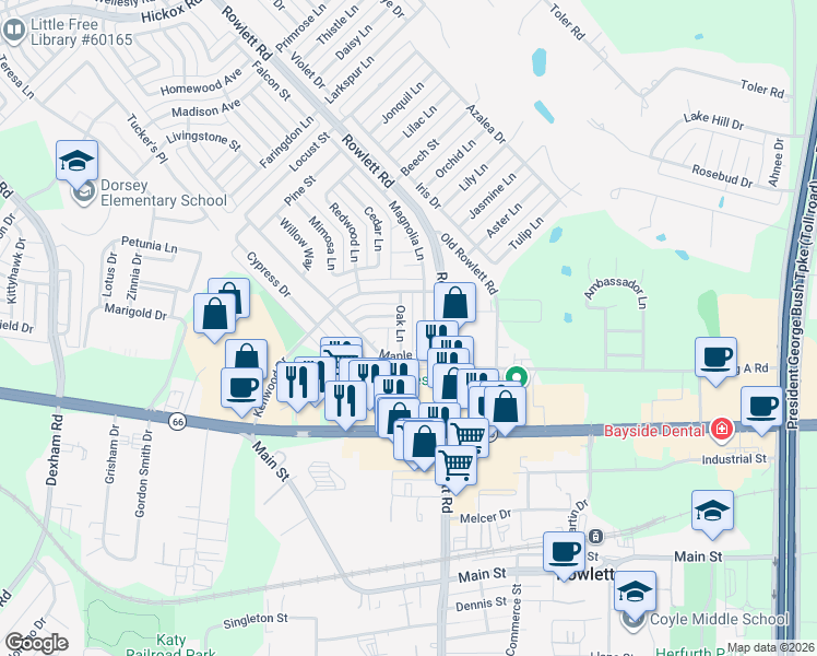 map of restaurants, bars, coffee shops, grocery stores, and more near 3301 Holly Lane in Rowlett