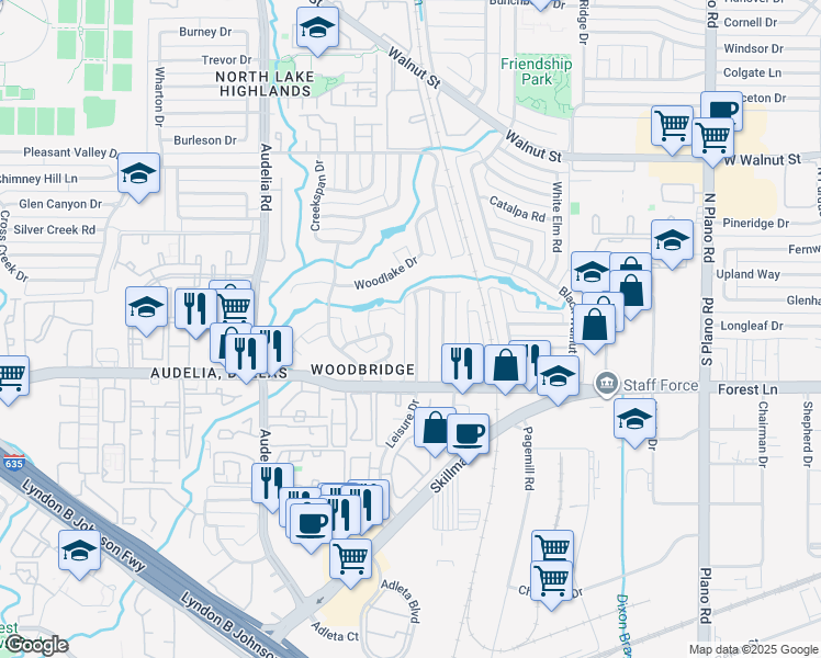 map of restaurants, bars, coffee shops, grocery stores, and more near 10126 Bridgegate Court in Dallas