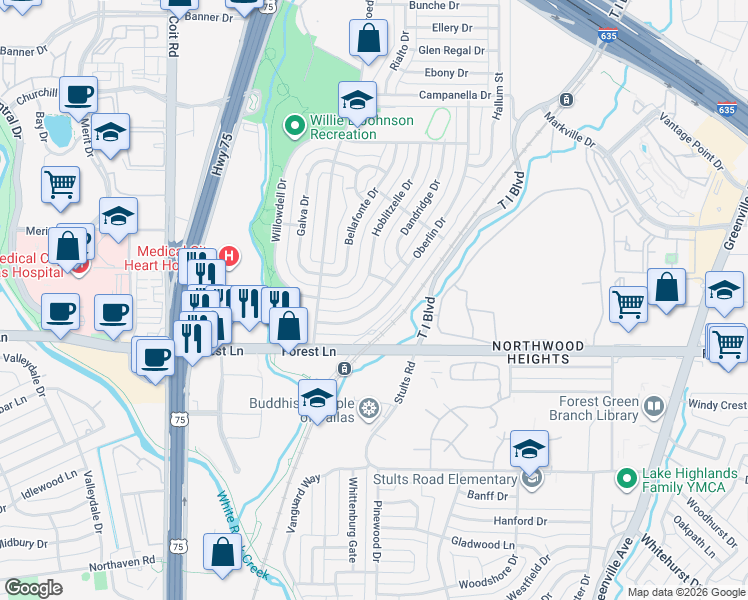 map of restaurants, bars, coffee shops, grocery stores, and more near 8306 Granis Street in Dallas