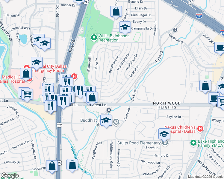 map of restaurants, bars, coffee shops, grocery stores, and more near 12014 Bellafonte Drive in Dallas