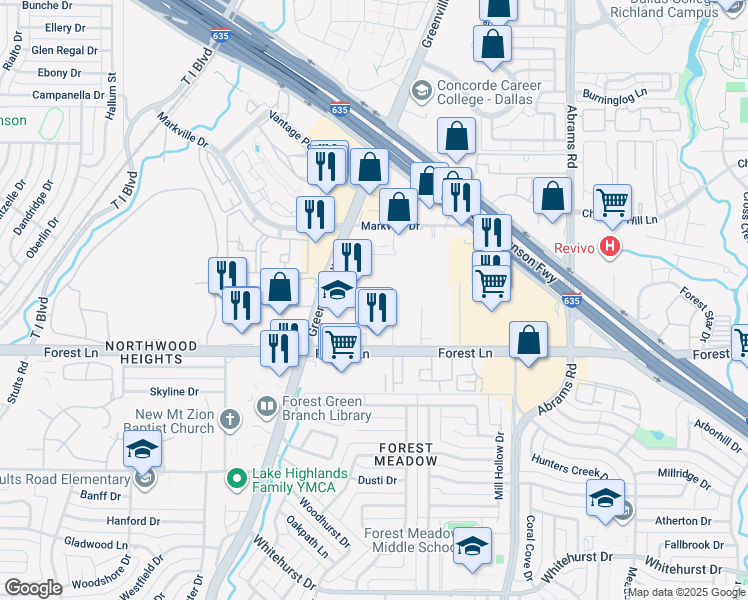 map of restaurants, bars, coffee shops, grocery stores, and more near 11857 Judd Ct in Dallas