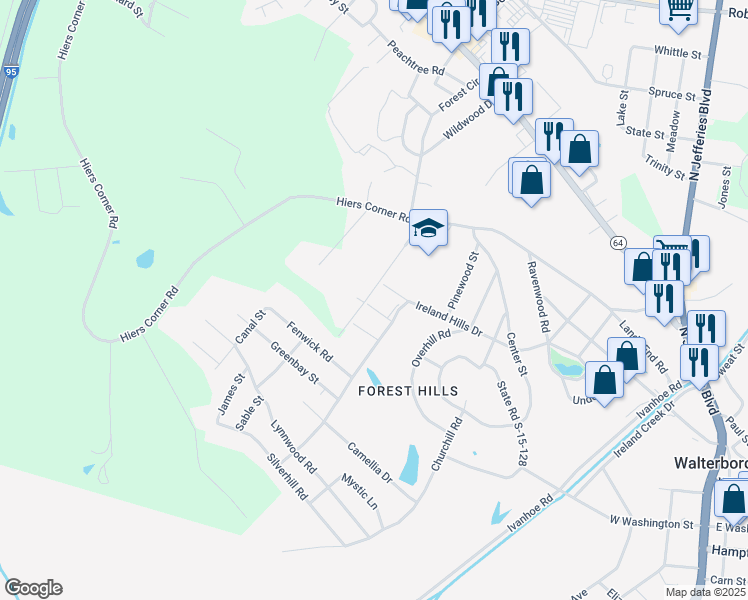 map of restaurants, bars, coffee shops, grocery stores, and more near 310 Country Lane in Walterboro