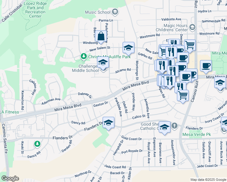 map of restaurants, bars, coffee shops, grocery stores, and more near 10757 Parkdale Avenue in San Diego