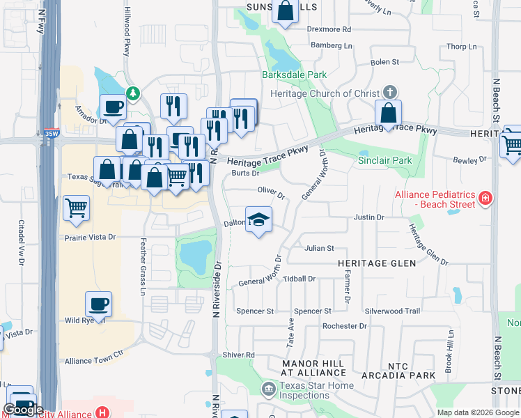 map of restaurants, bars, coffee shops, grocery stores, and more near 3621 Horace Avenue in Fort Worth