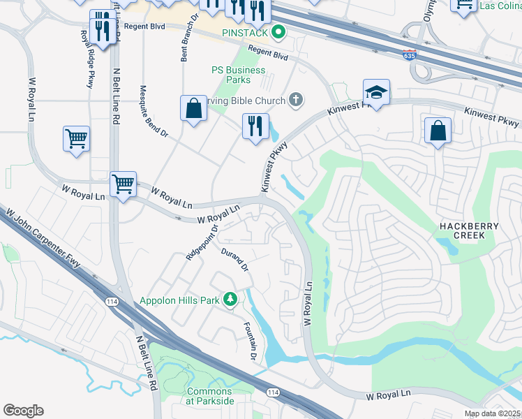 map of restaurants, bars, coffee shops, grocery stores, and more near 2918 West Royal Lane in Irving