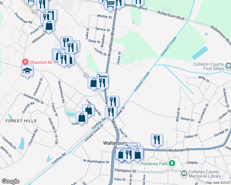 map of restaurants, bars, coffee shops, grocery stores, and more near in Walterboro