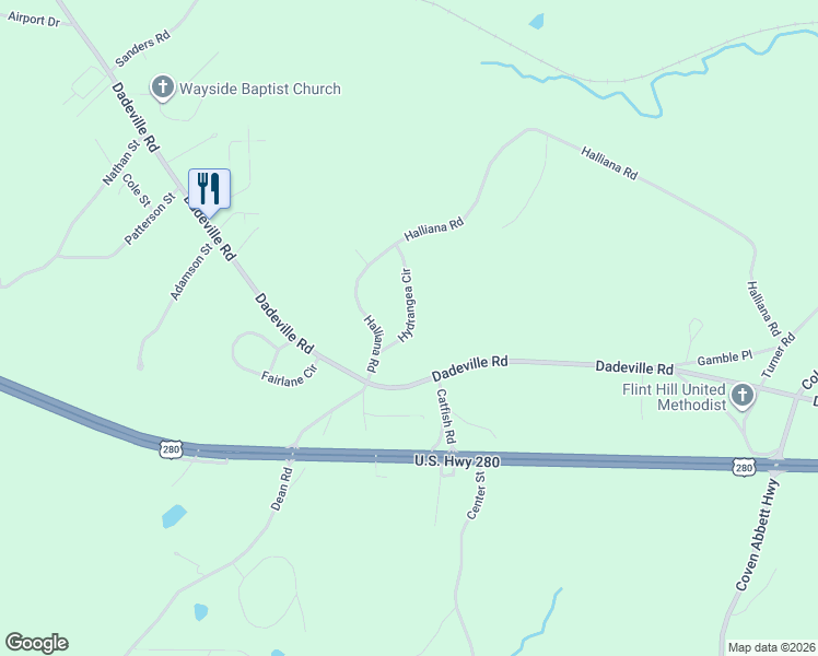 map of restaurants, bars, coffee shops, grocery stores, and more near 97 Hydrangea Circle in Alexander City