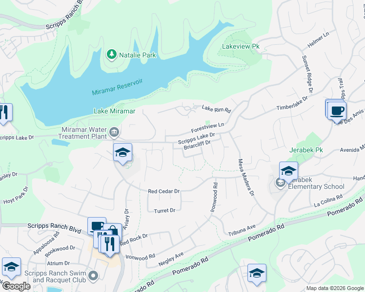 map of restaurants, bars, coffee shops, grocery stores, and more near 11055 Forestview Lane in San Diego