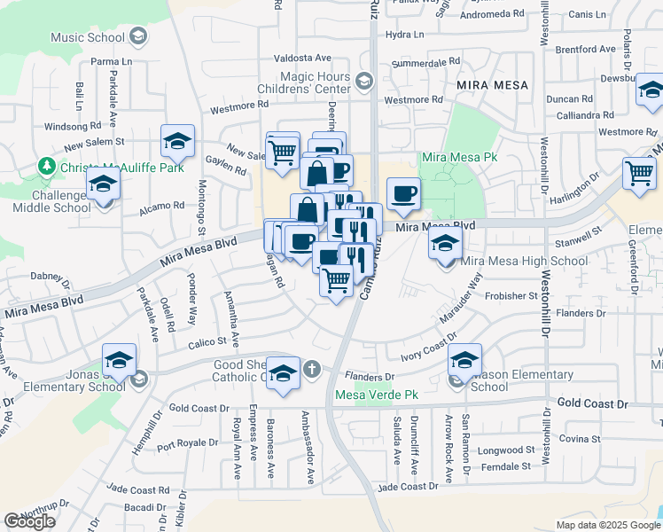 map of restaurants, bars, coffee shops, grocery stores, and more near 8251 Mira Mesa Blvd in San Diego