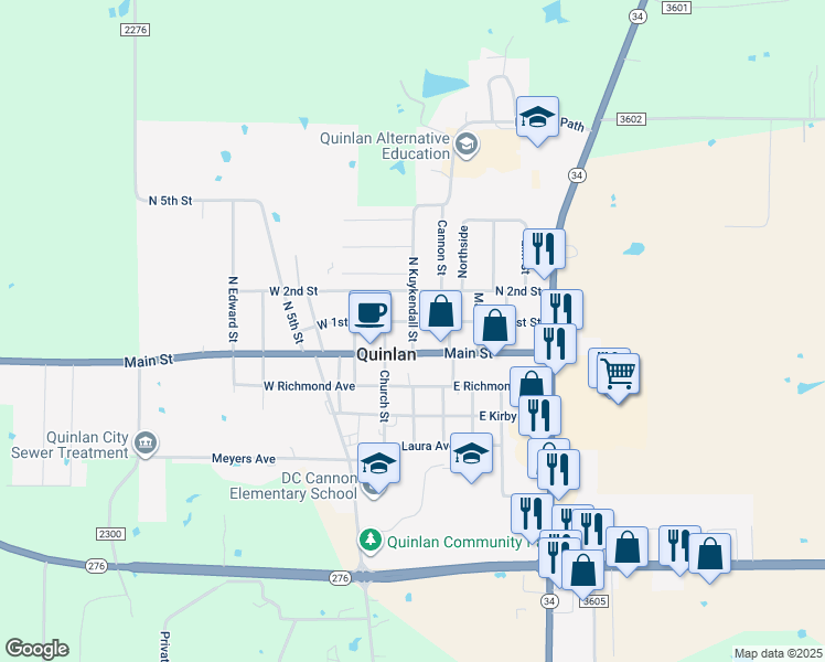 map of restaurants, bars, coffee shops, grocery stores, and more near 108 East 1st Street in Quinlan