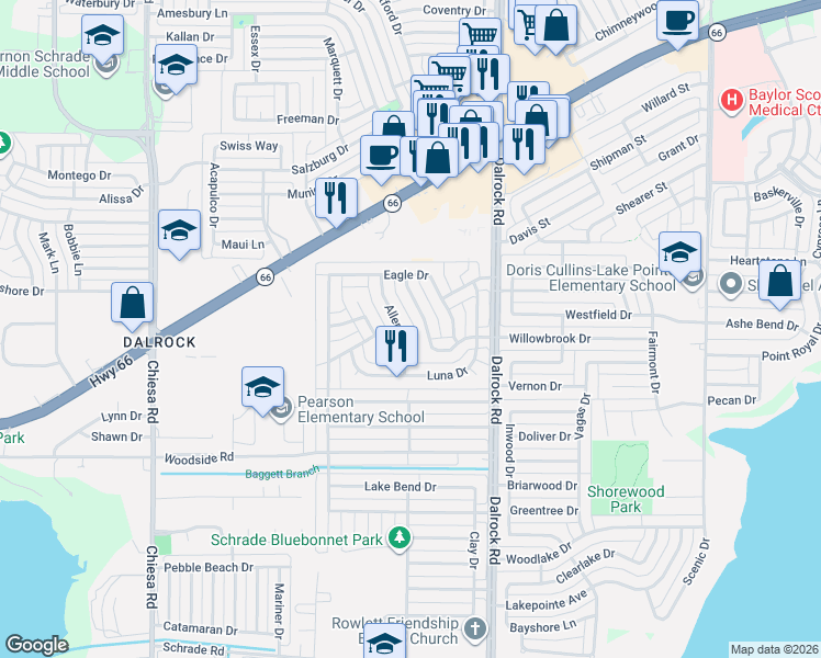 map of restaurants, bars, coffee shops, grocery stores, and more near 5613 Allen Lane in Rowlett