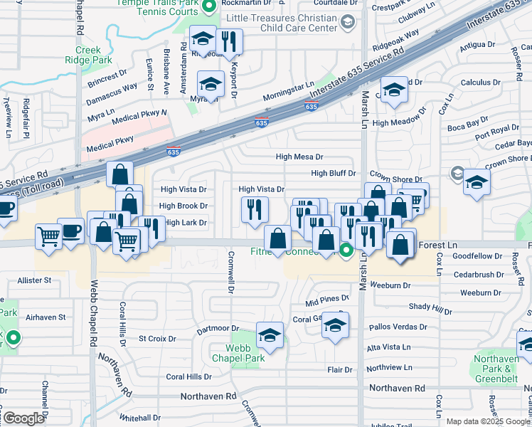 map of restaurants, bars, coffee shops, grocery stores, and more near 3423 Forest Lane in Dallas