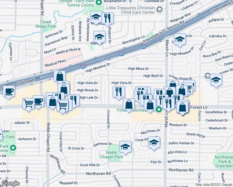 map of restaurants, bars, coffee shops, grocery stores, and more near 3423 Forest Lane in Dallas
