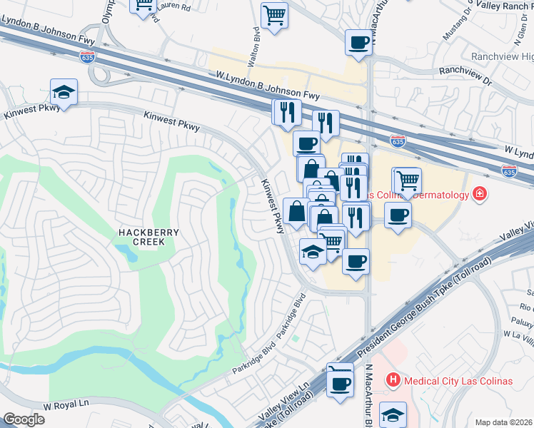 map of restaurants, bars, coffee shops, grocery stores, and more near 1574-2298 Kinwest Parkway in Irving