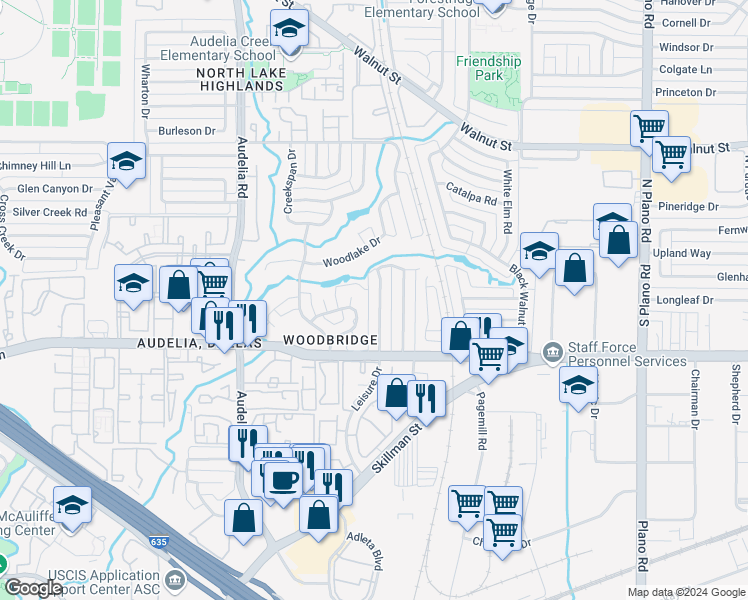 map of restaurants, bars, coffee shops, grocery stores, and more near 11923 Leisure Drive in Dallas