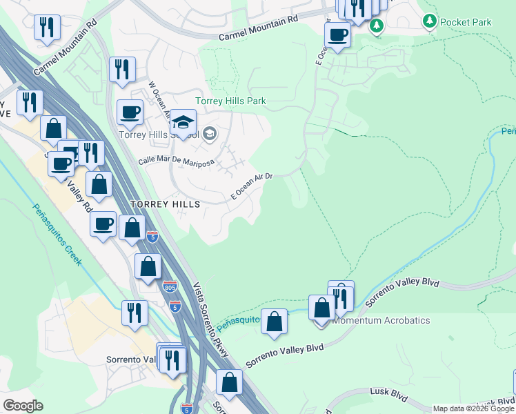 map of restaurants, bars, coffee shops, grocery stores, and more near 10553 Sand Crab Place in San Diego