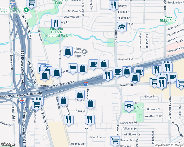 map of restaurants, bars, coffee shops, grocery stores, and more near 2727 Lyndon B Johnson Freeway in Dallas