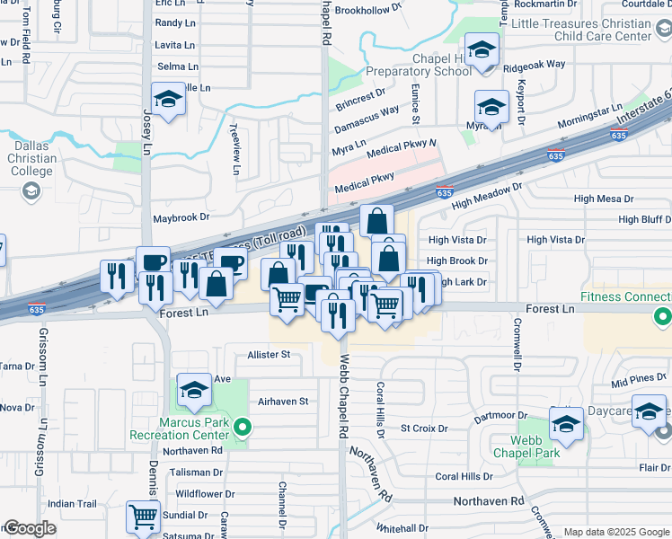 map of restaurants, bars, coffee shops, grocery stores, and more near 11800 Webb Chapel Road in Dallas