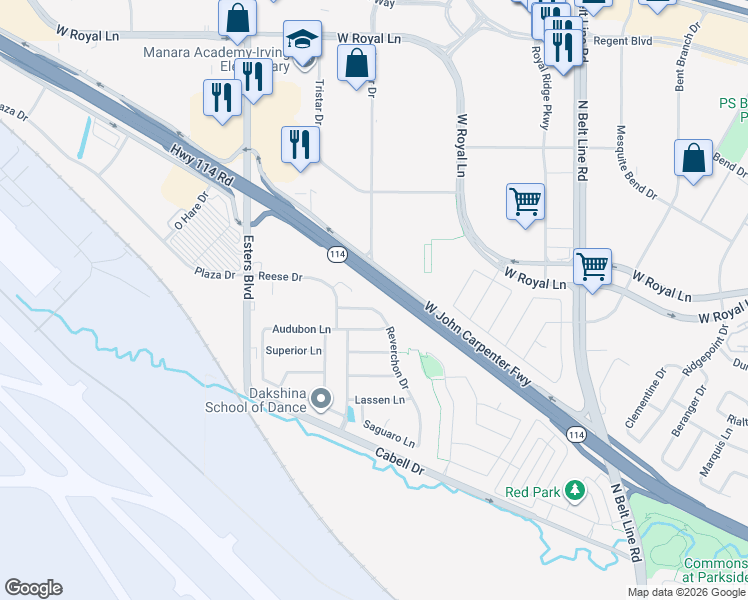 map of restaurants, bars, coffee shops, grocery stores, and more near 21 Reverchon Drive in Irving
