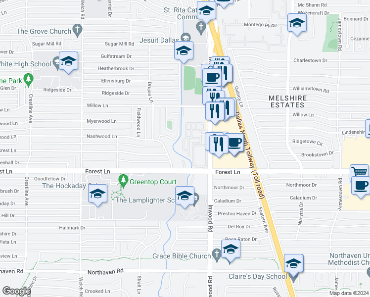 map of restaurants, bars, coffee shops, grocery stores, and more near 11950 Forestwood Drive in Dallas