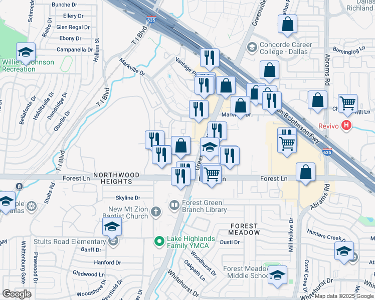 map of restaurants, bars, coffee shops, grocery stores, and more near 11915 Greenville Avenue in Dallas