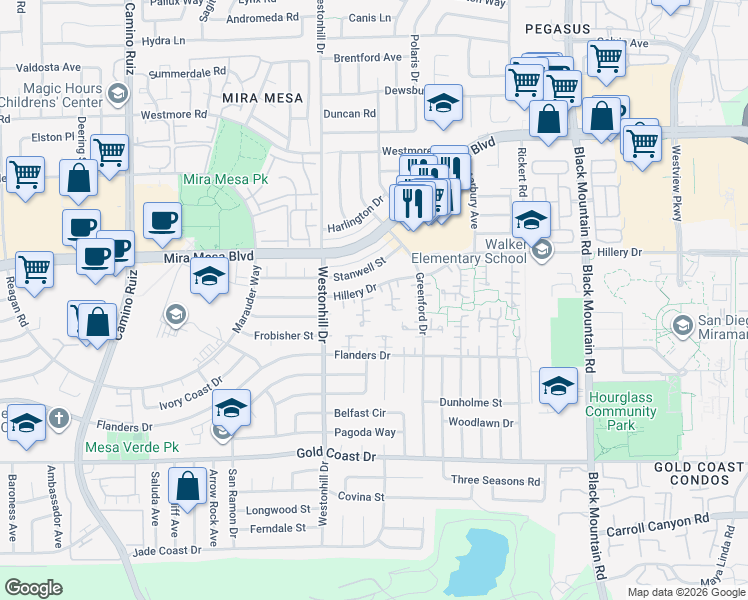 map of restaurants, bars, coffee shops, grocery stores, and more near 10573 Caminito Flores in San Diego