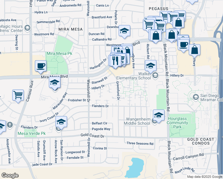 map of restaurants, bars, coffee shops, grocery stores, and more near 8885 Hillery Drive in San Diego