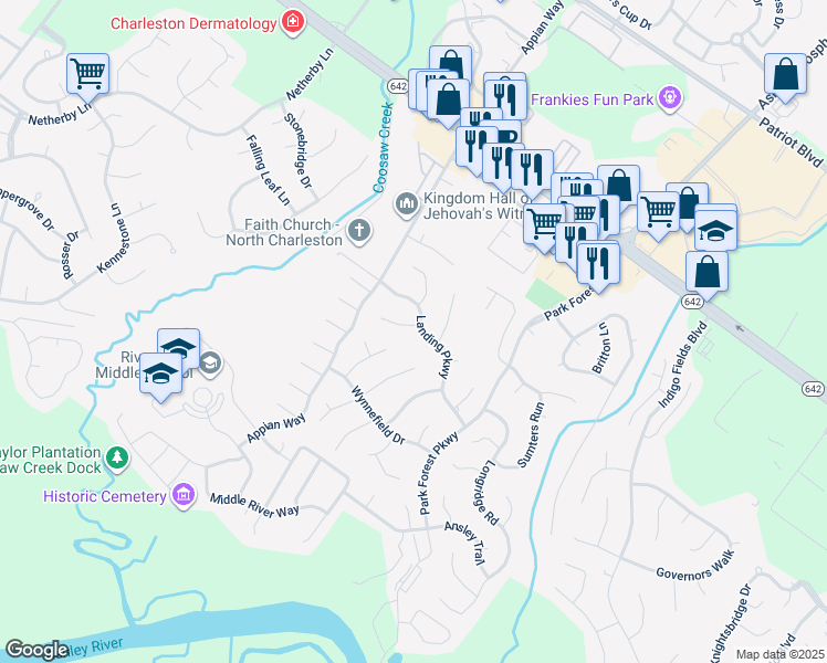 map of restaurants, bars, coffee shops, grocery stores, and more near 3195 Landing Parkway in Charleston