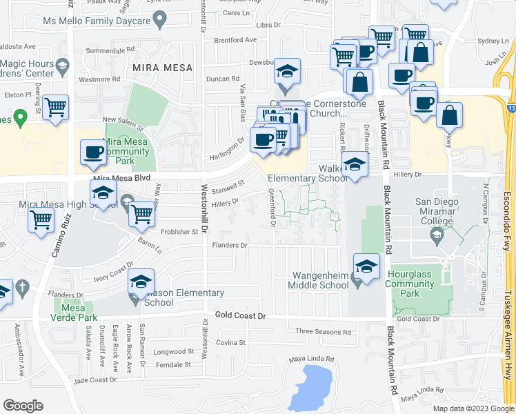 map of restaurants, bars, coffee shops, grocery stores, and more near 10566 Greenford Drive in San Diego